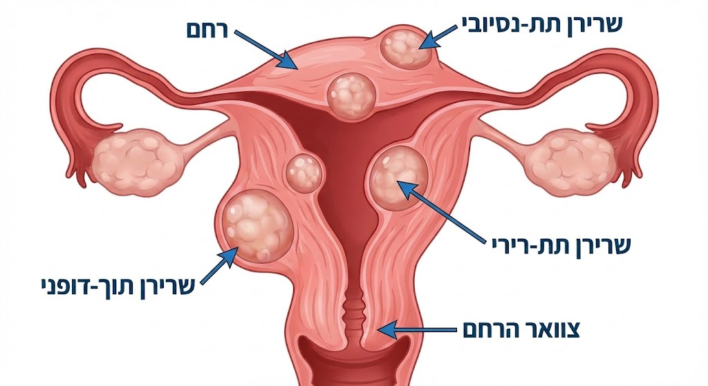 מיקומי השרירנים ברחם: שרירן תת-נסיובי, שרירן תוך-דופני ושרירן תת-רירי.
