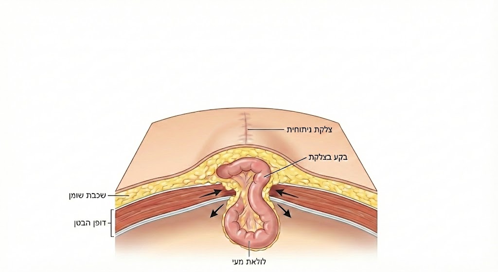 תרשים אנטומי של בקע בצלקת ניתוחית המציג לולאת מעי הבולטת דרך פתח בדופן הבטן.
