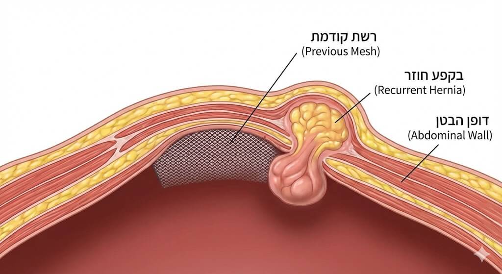 חתך של דופן הבטן עם רשת קודמת ובקע חוזר הפורץ בנקודת תורפה ליד התיקון הישן