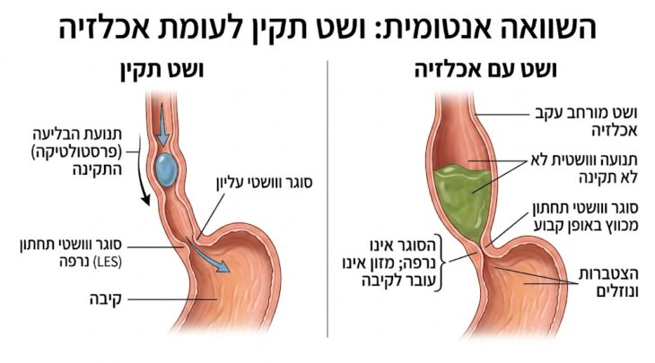 השוואה אנטומית בין ושט תקין לוושט עם אכלזיה, כולל הסברים על הסוגר הוושטי התחתון (LES) ותנועתיות הוושט.