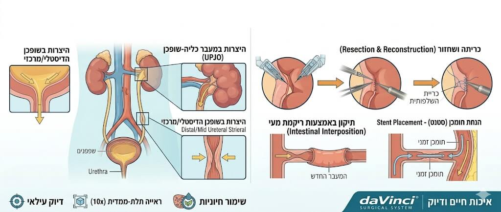 תהליך שחזור השופכן. החלק הימני מציג אנטומיה של דרכי השתן עם חסימה במוצא הכליה (UPJO) או היצרות בשופכן. החלק השמאלי מדגים את שלבי התיקון הרובוטי: כריתת המקטע החסום , חיבור מחדש (השקה) בתפירה מדויקת ואטומה , והנחת תומכן (סטנט) פנימי זמני להבטחת זרימת השתן.