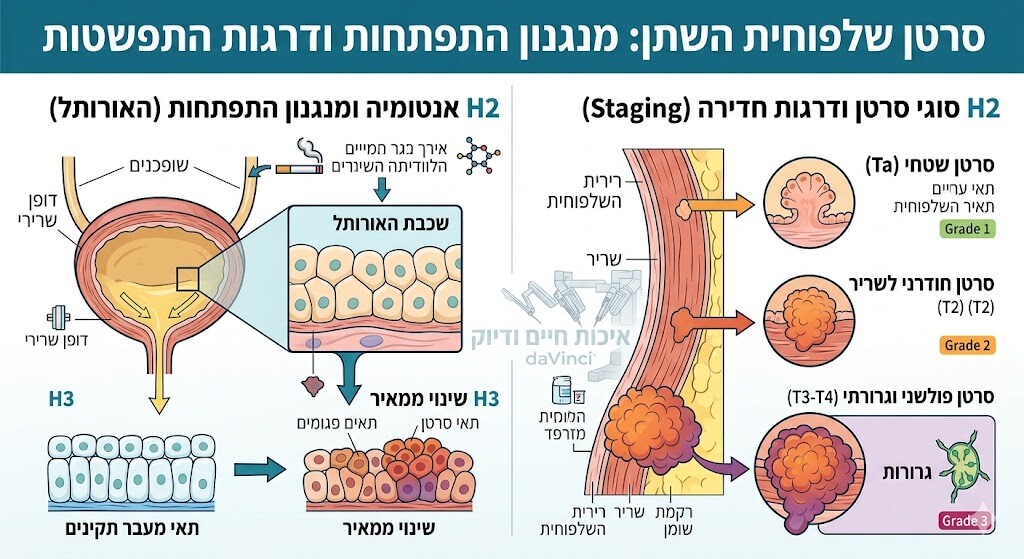 סרטן שלפוחית השתן (קרצינומה של האורותל). חלק שמאל מציג אנטומיה ומנגנון התפתחות, חלק ימין מציג סוגי סרטן ושלושה שלבי חדירה לדופן השלפוחית, כולל גרורות לבלוטות לימפה.